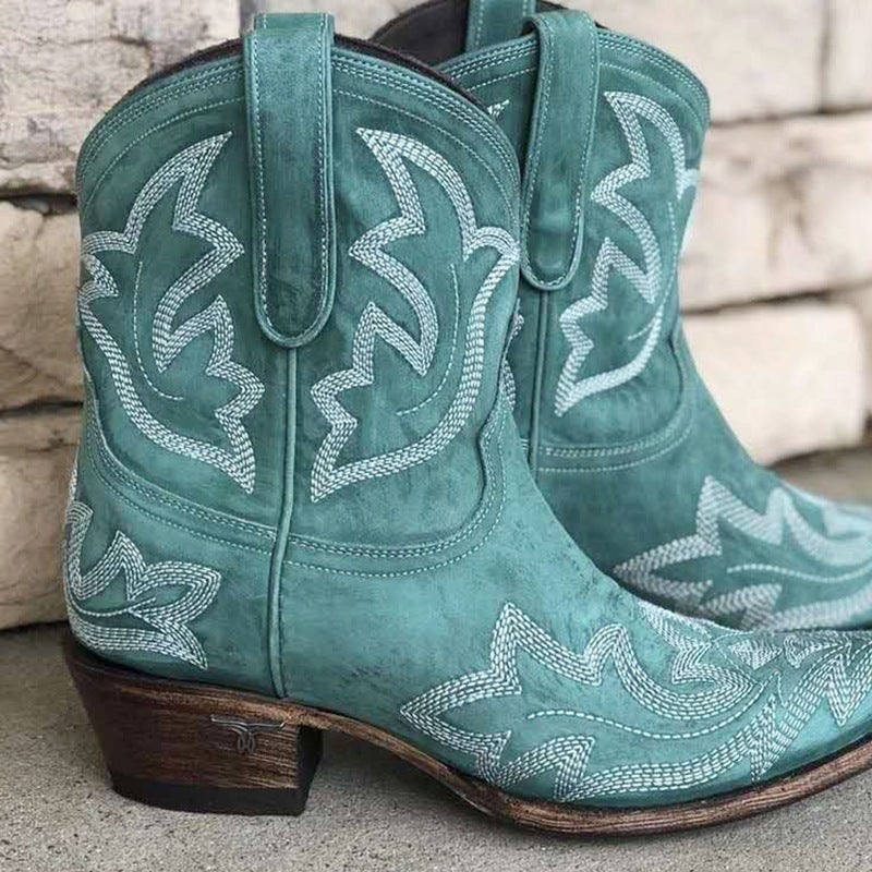 Retro Embroidered Block Heel Short Western Boots