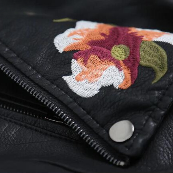 Leather Jacket with Floral Embroidery