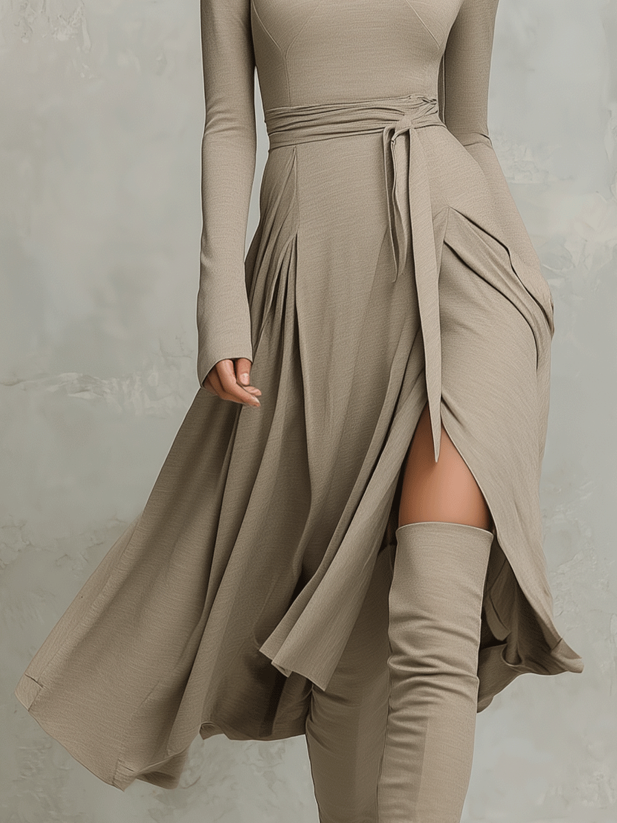 Women's Refined Figure-flattering Long Sleeves Knit Blend Midi-Length Dress