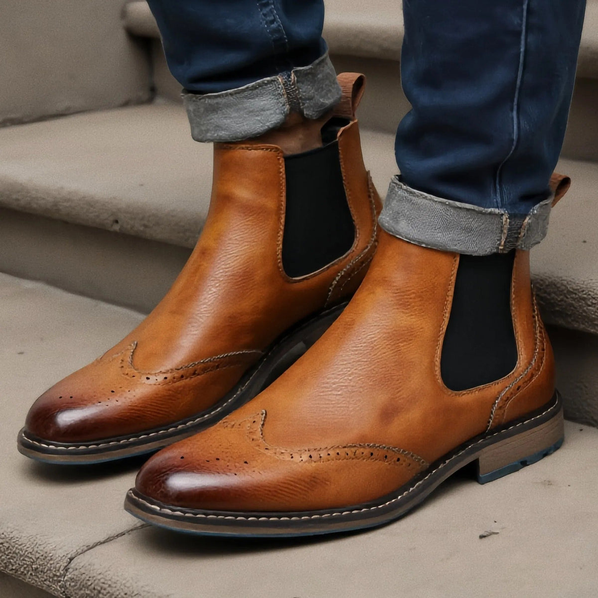 Burnished Leather Brogue Boots with Wingtip Brogue Detail
