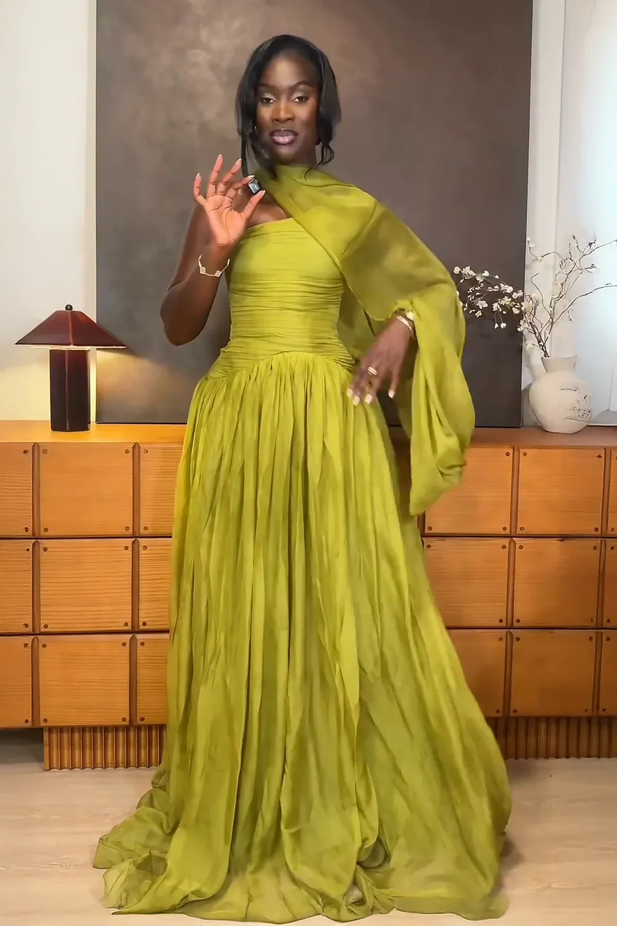 One-Shoulder Draped Pleated Maxi-Length Dress