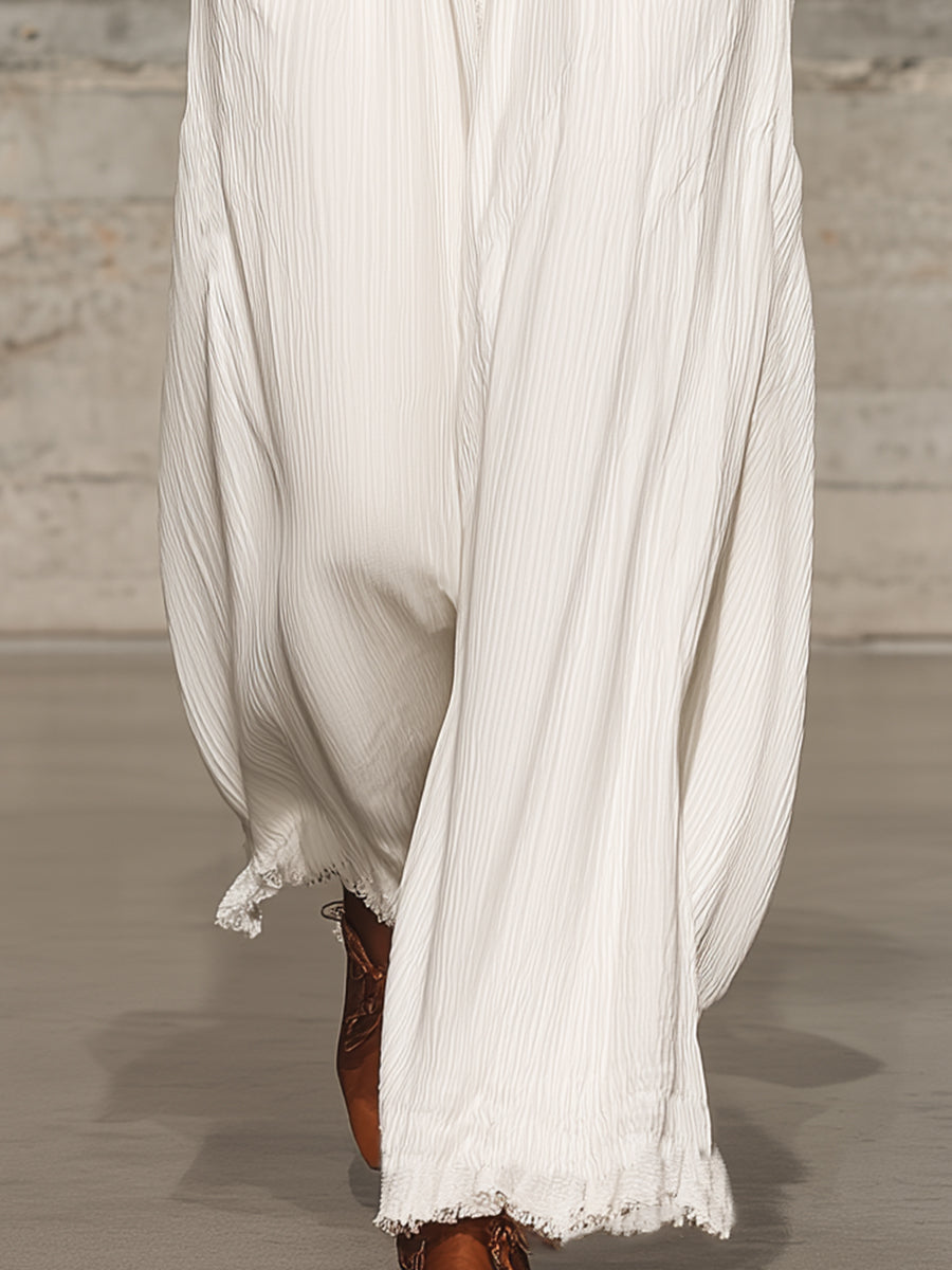 Retro Relaxed White Elastic Waist Wide-Leg Trousers