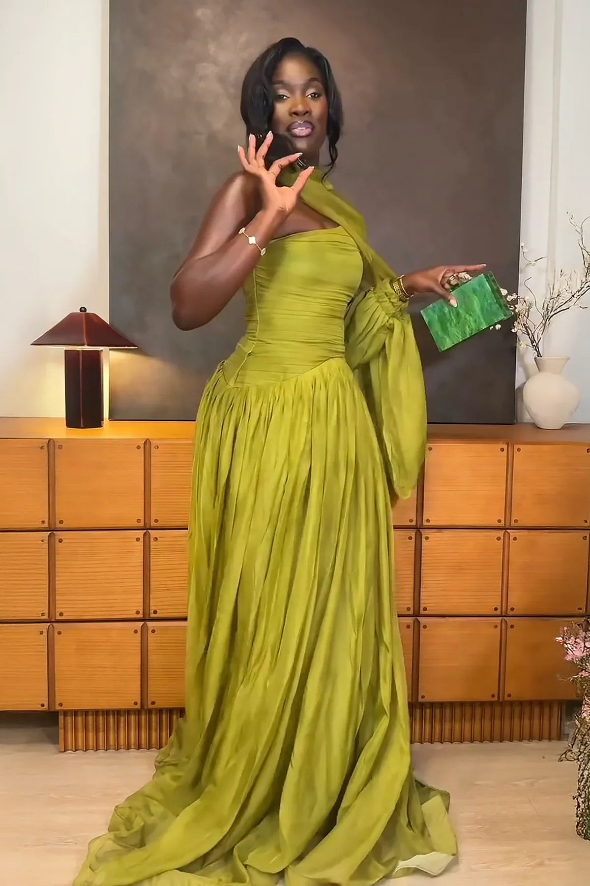 One-Shoulder Draped Pleated Maxi-Length Dress
