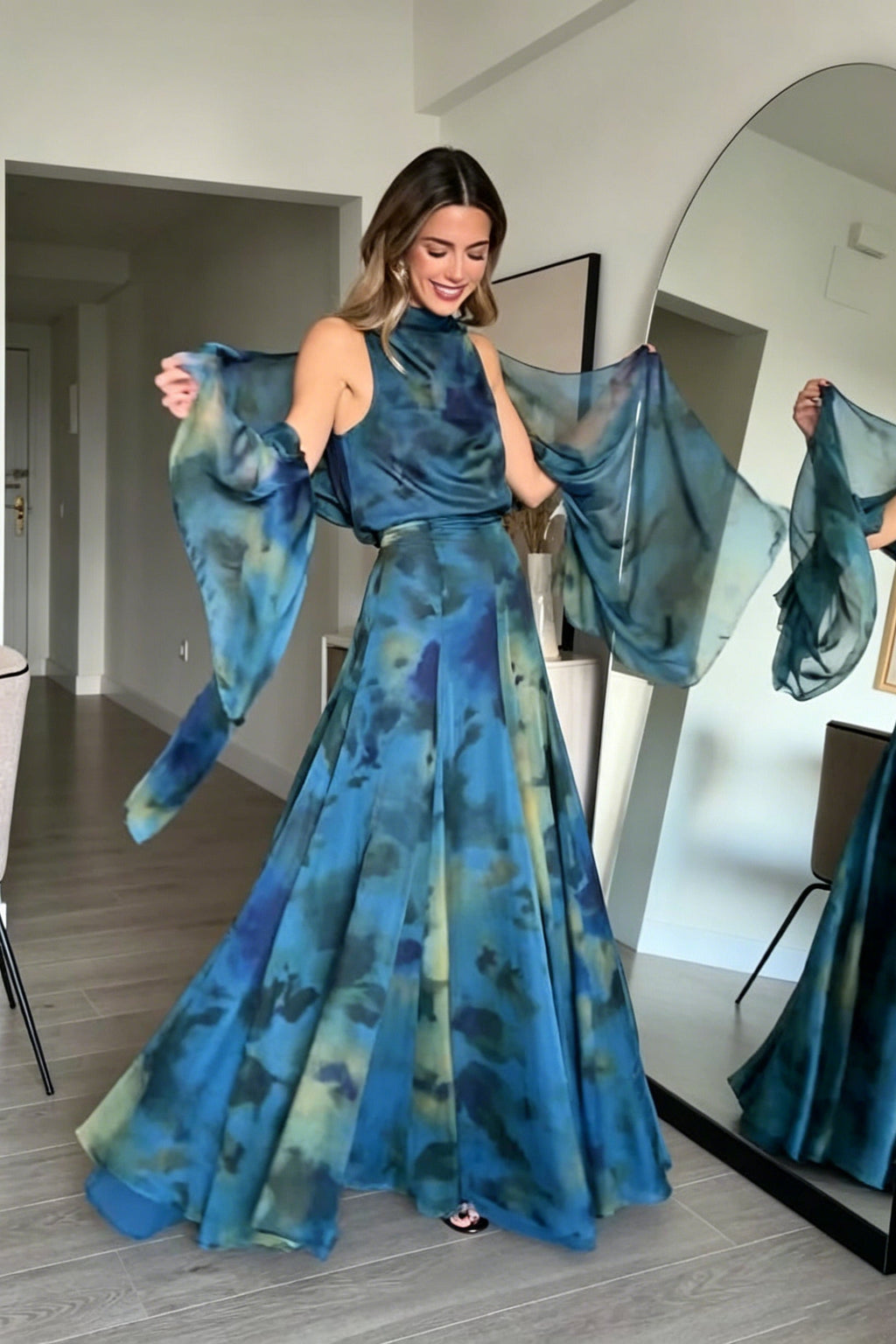 Coordinated Draped Neck Abstract Skirt Set
