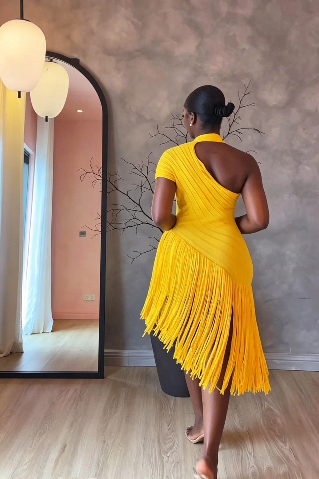 Vibrant Yellow Cut-Out Midi-Length Dress