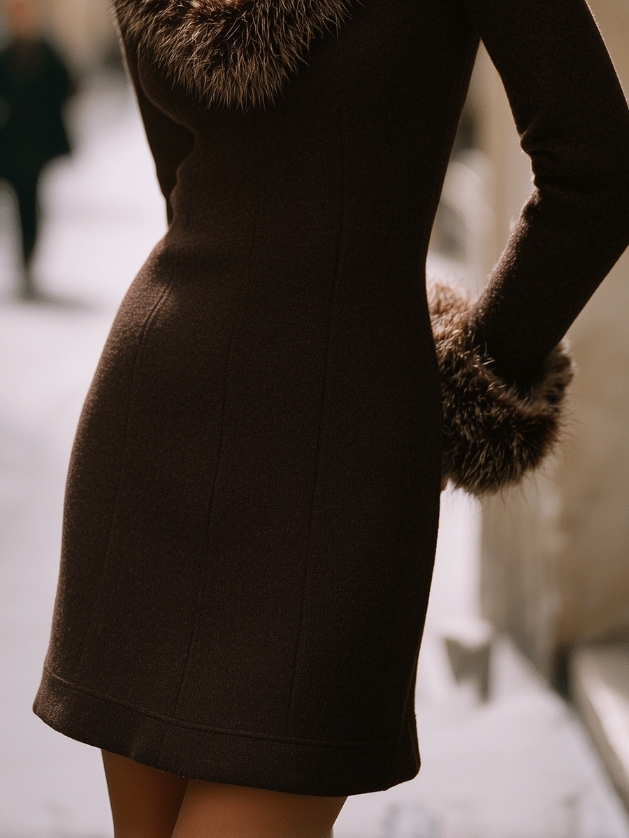 Refined Chocolate Faux Fur Collar And Cuffs Knit Mini-Length Dress