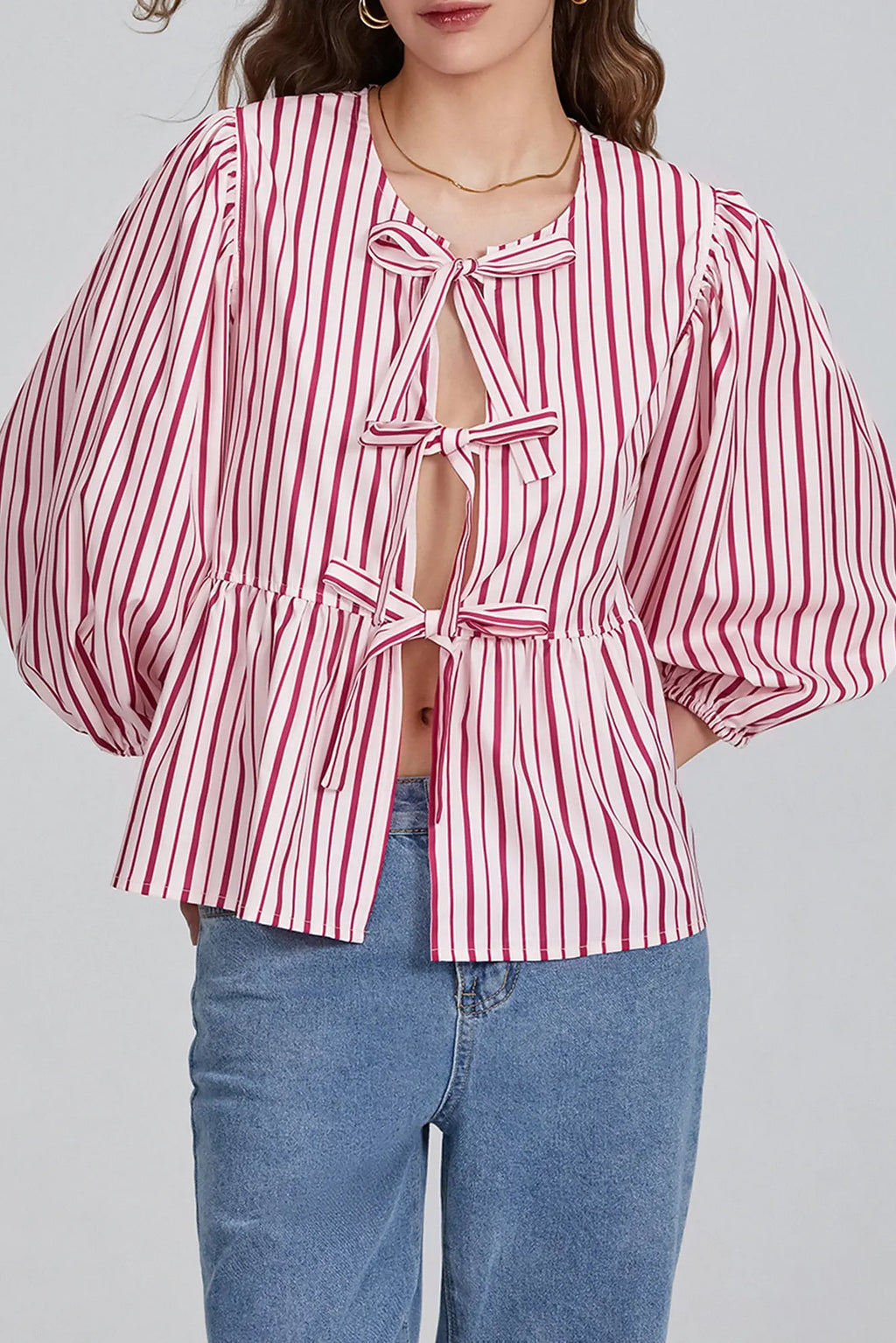 Modern Puff Sleeve Peplum Bow Ties Blouse Top