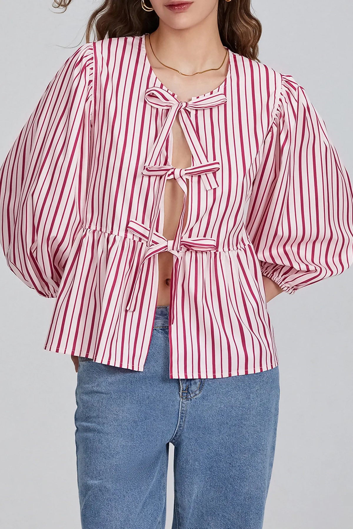 Modern Puff Sleeve Peplum Bow Ties Blouse Top