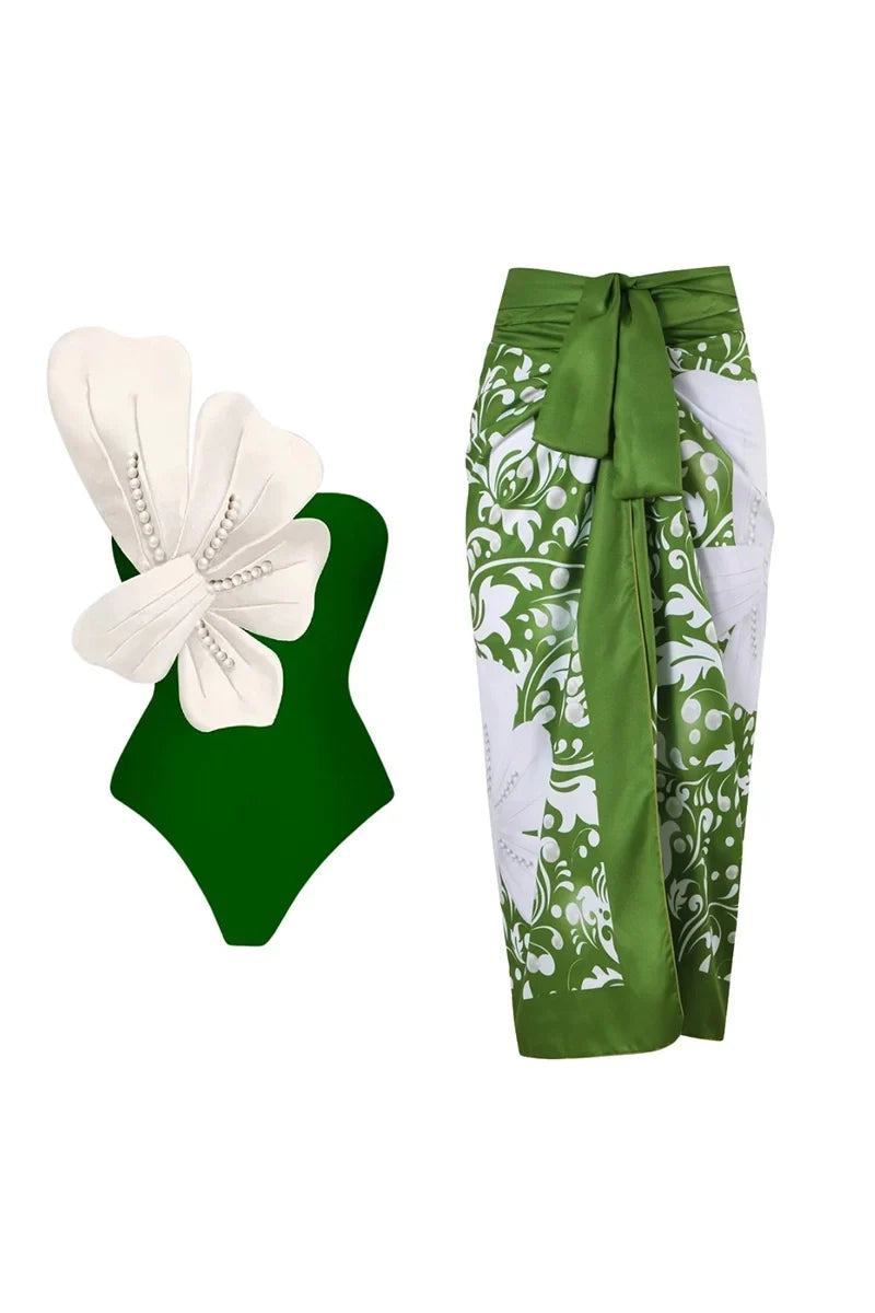 Green Swimwear Set Pearl Flower Embellishments