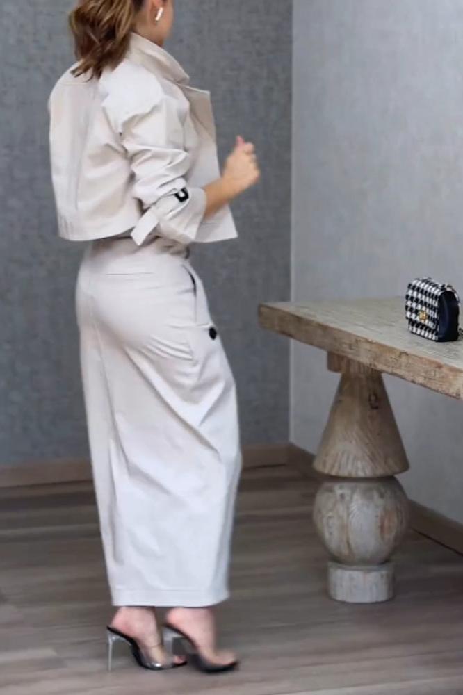 Coordinated Fashion Lapel Jacket & Split Skirt Two-Piece Set