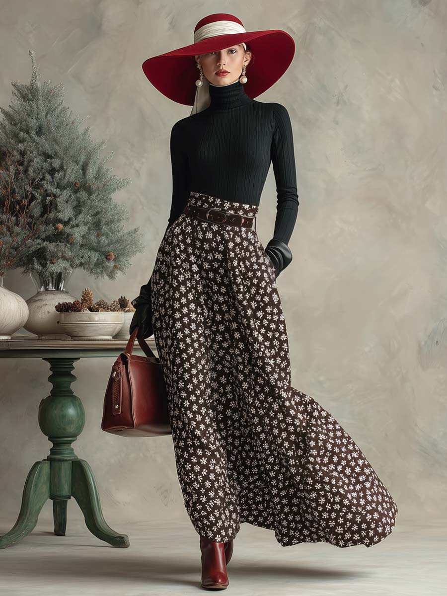 Refined Retro Black Turtleneck Top And Brown Snowflake Print Long Skirt Set