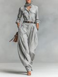 Coordinated Cotton-linen Blend Long-sleeved Shirt And Trousers Two-Piece Set (belt Not Included)