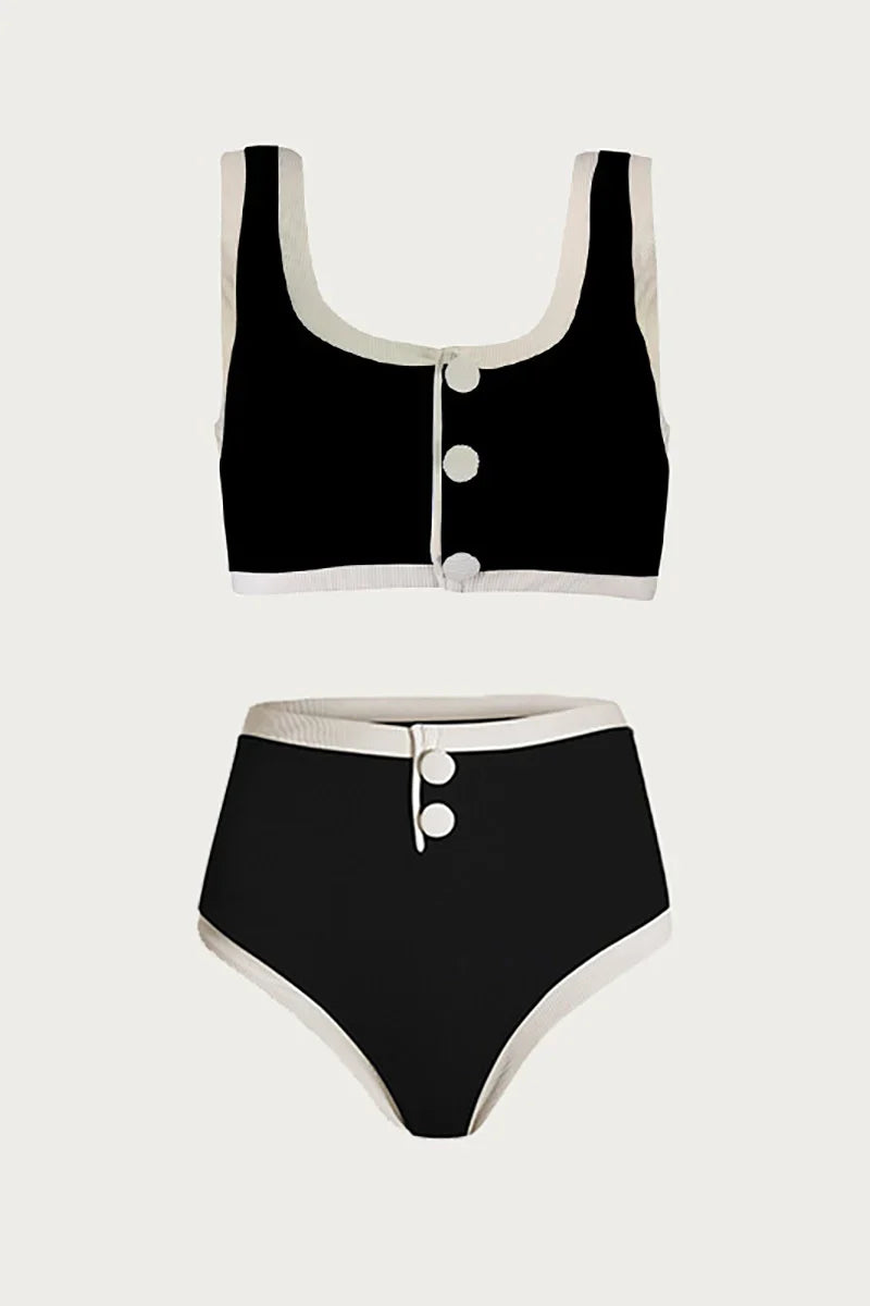 Refined Contrast Button Detail Two-Piece Swimsuit