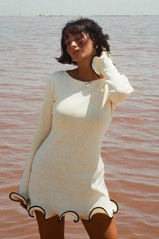 French-Inspired Ruffled Edge Knit Mini-Length Dress