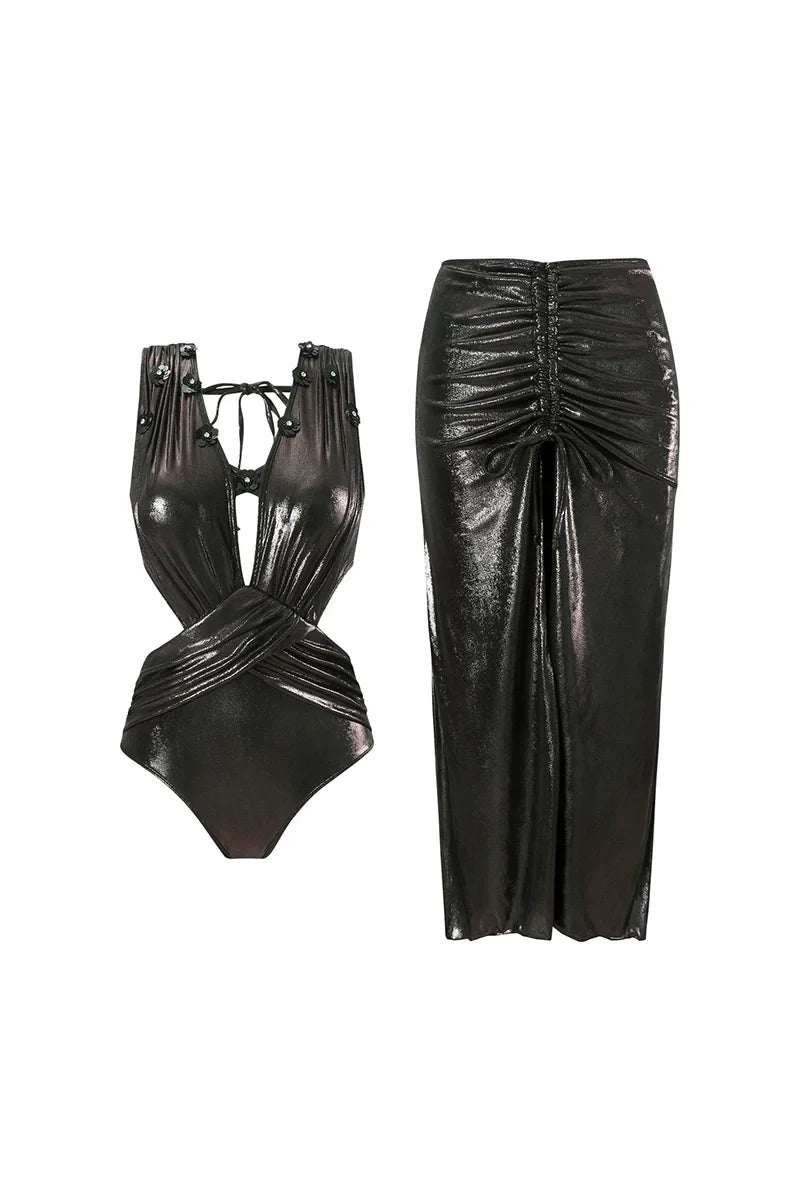 Black Sequined Applique Cut-Out Glossy Swimsuit