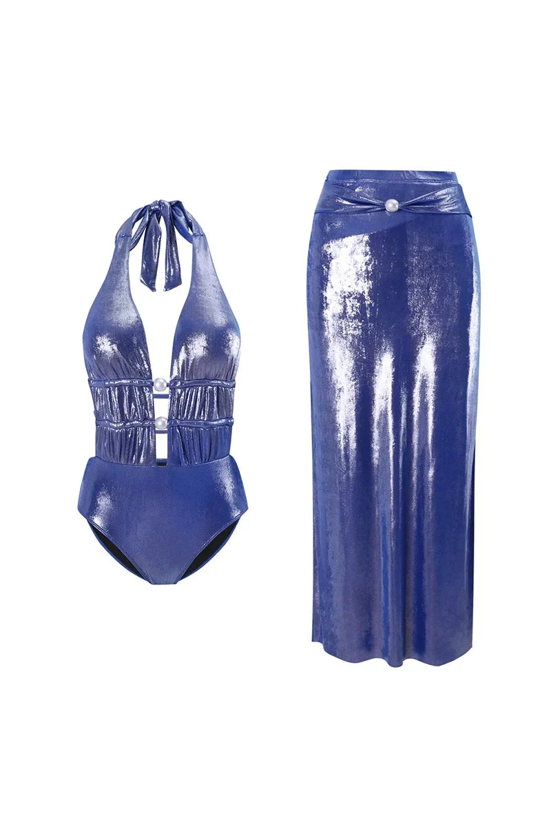 Modern Glossy Mist Deep V Halter Pearl Swimsuit