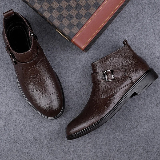 Full-Grain Leather Boots with Buckle Strap