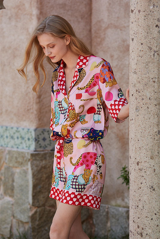 Coordinated Dressing Leopard Print Silk Pajama Set