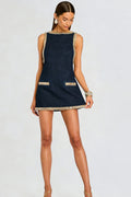 Navy Denim Crystal Trim Shift Mini-Length Dress