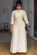 Pearl Button Stand Collar Fitted Maxi-Length Dress