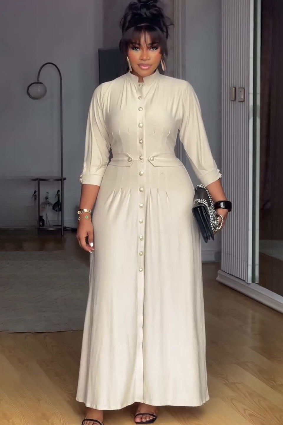 Pearl Button Stand Collar Fitted Maxi-Length Dress