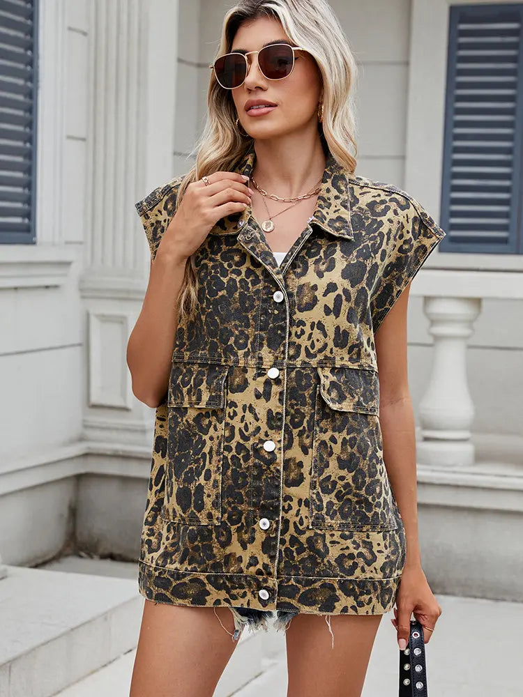 Denim Vest with Leopard Print and Button Closure