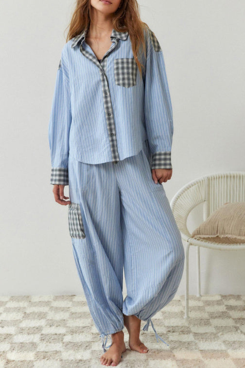 Coordinated Sky Blue Loose Splice Pajama Set