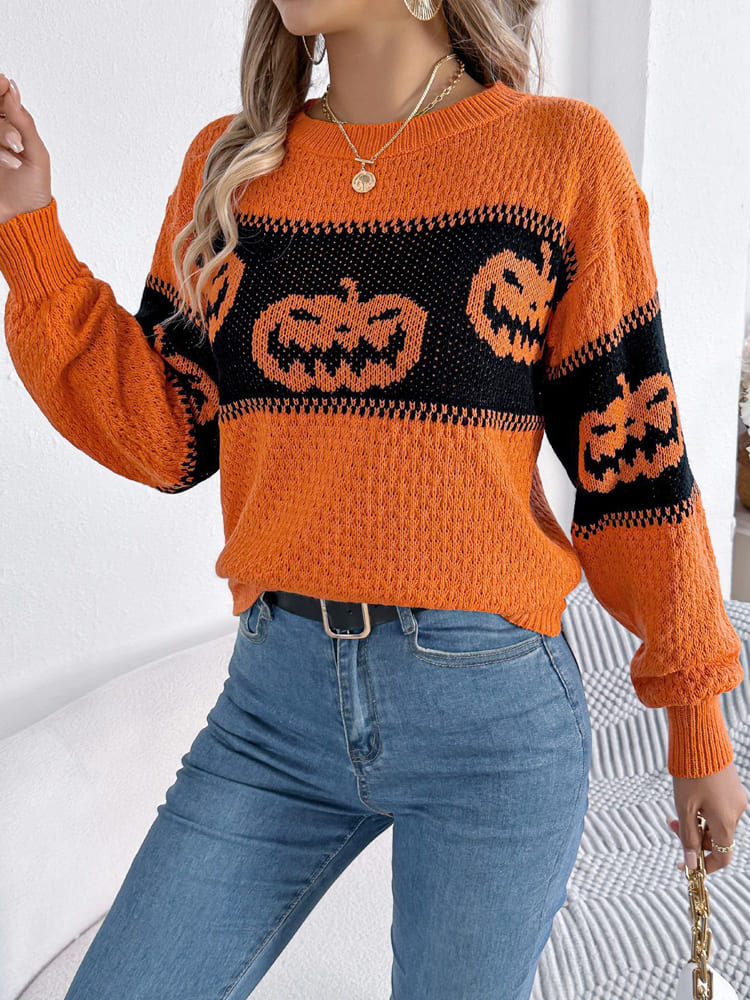 Modern Halloween Pumpkin Head Color-Block Crew Neck Knit Sweater