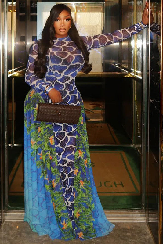Exotic Blue Print Turtle Neck Maxi-Length Dress