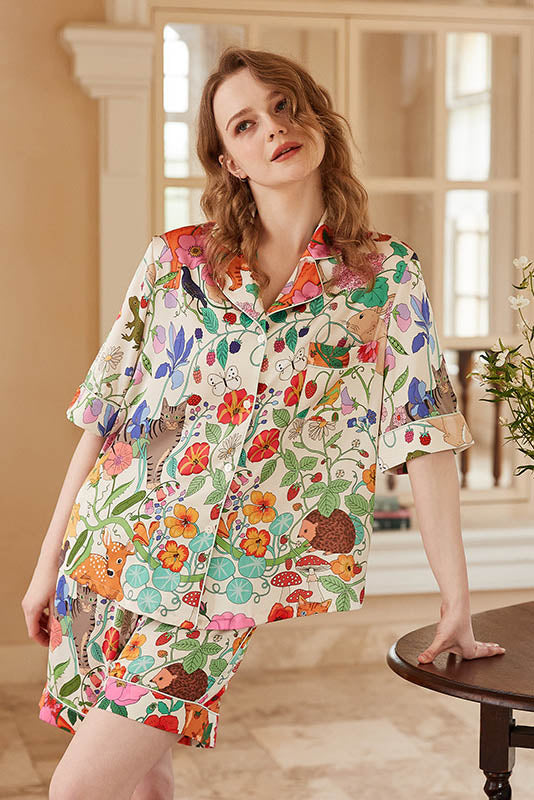 Coordinated White Forest Garden Print Short Loungewear Set