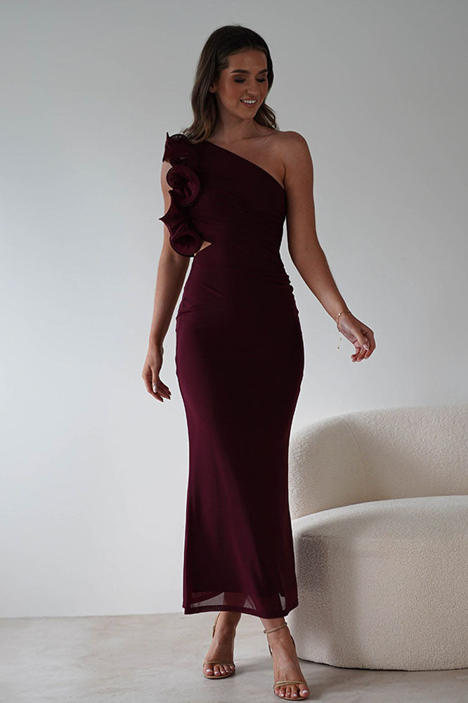 Statement Flower One-Shoulder Fitted Midi-Length Dress