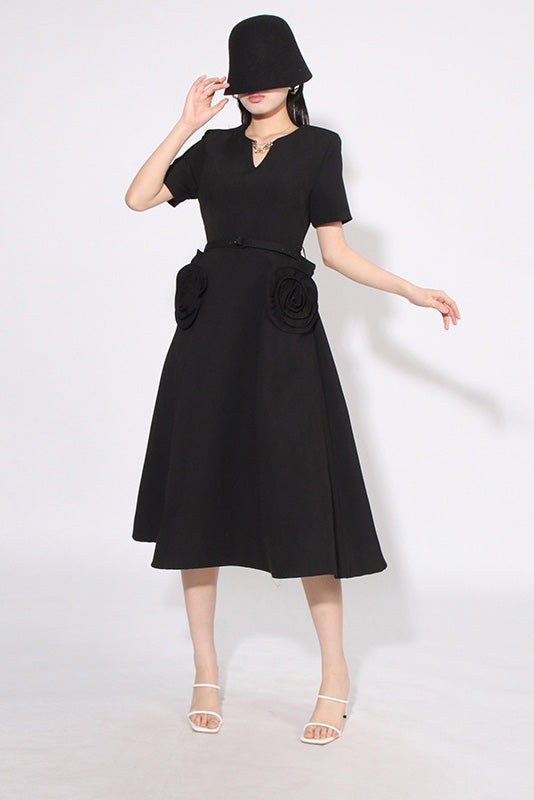 Grace Flower Applique Short Sleeve Midi-Length Dress
