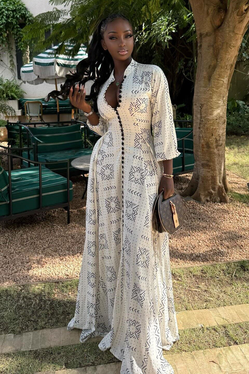 Modern White Geo Print Long Sleeve Gown