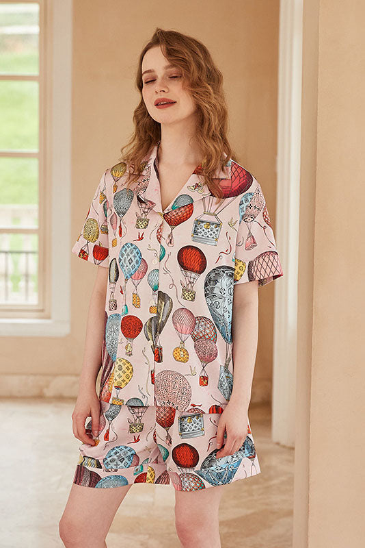 Coordinated Hot Air Balloon Print Open-Front Short-Sleeve Pajama Set