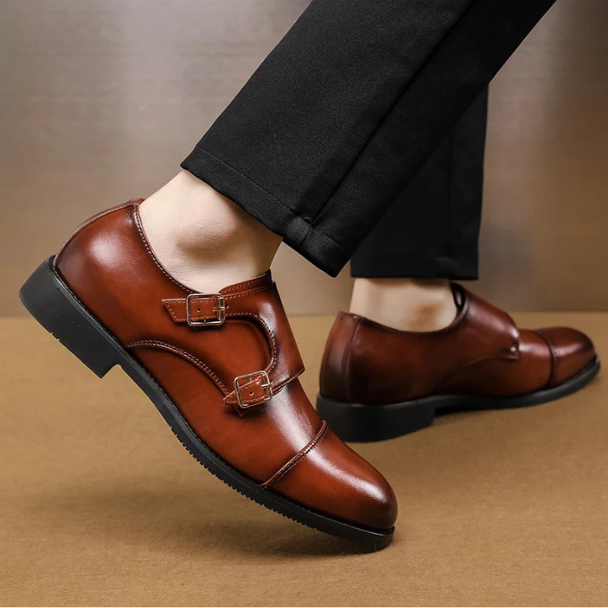 Full-Grain Leather Monk Strap Shoes with Cap-Toe Detail