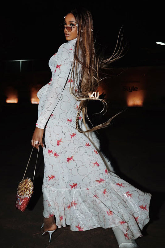 Koi Fish Print High-Neck Maxi-Length Dress
