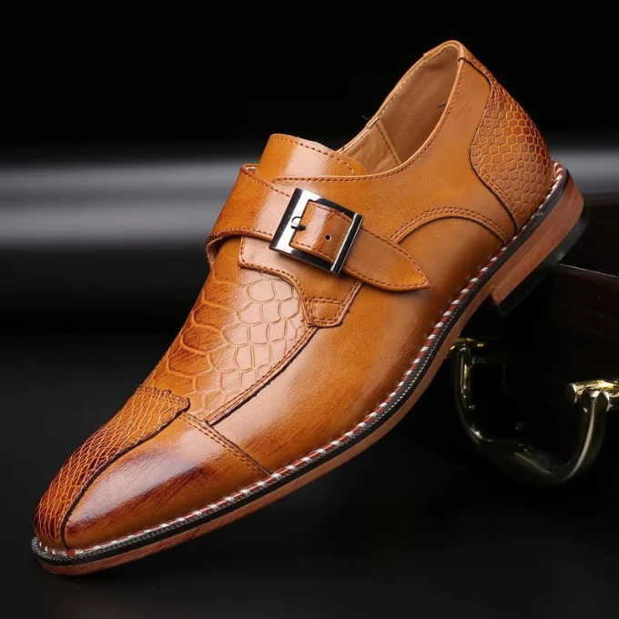 Full-Grain Leather Monk Strap Shoes with Embossed Texture
