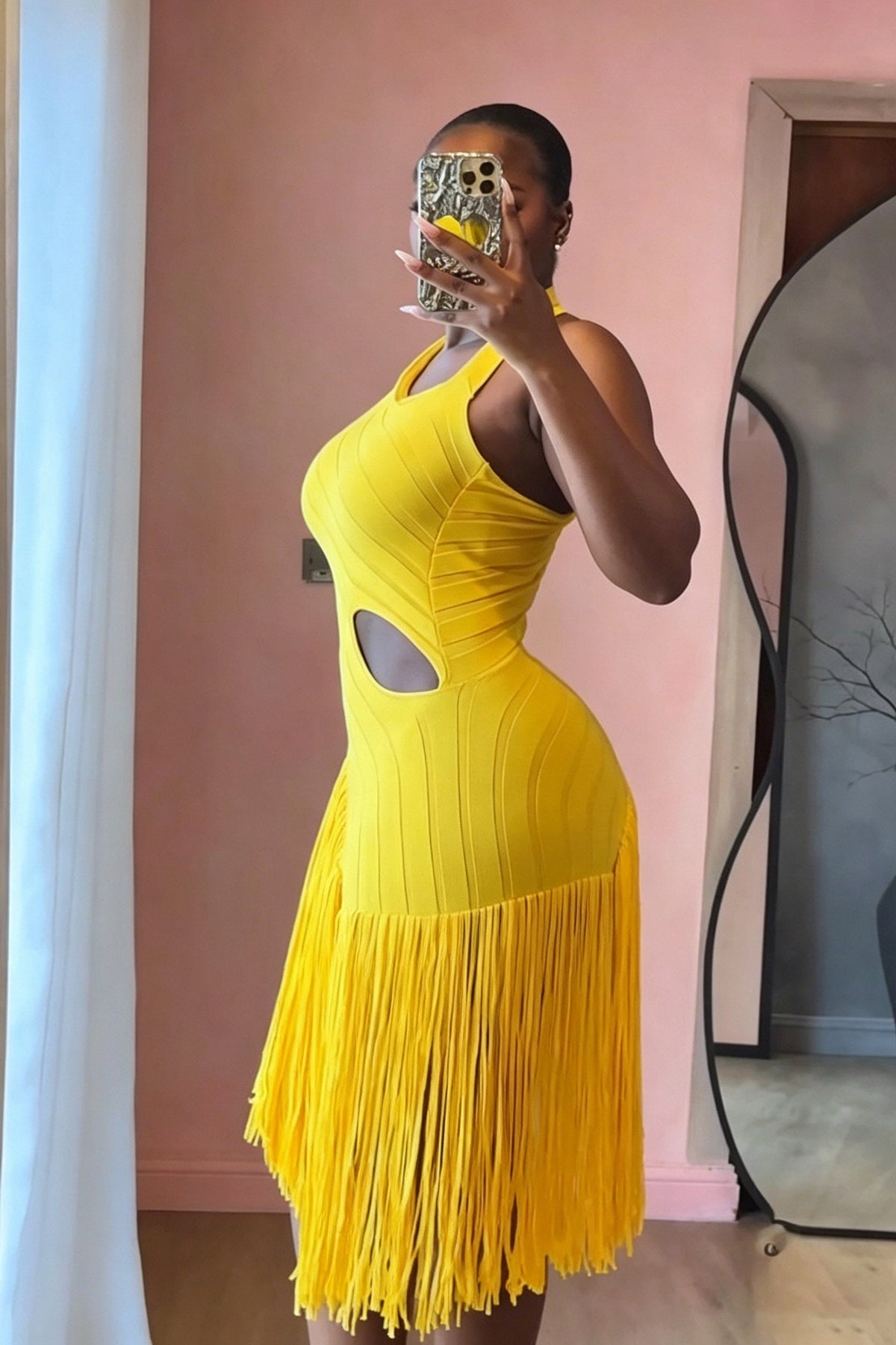 Vibrant Yellow Cut-Out Midi-Length Dress