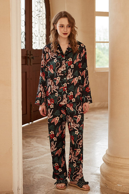 Jaguar and Flower Print Long-Sleeve Loungewear Set