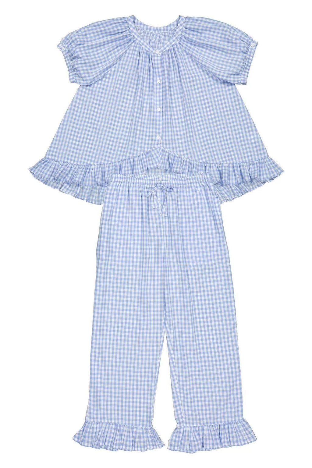 Relaxed Ruffled Plaid Print Shirt Pajama Set