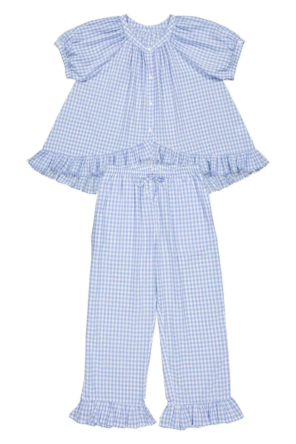 Relaxed Ruffled Plaid Print Shirt Pajama Set