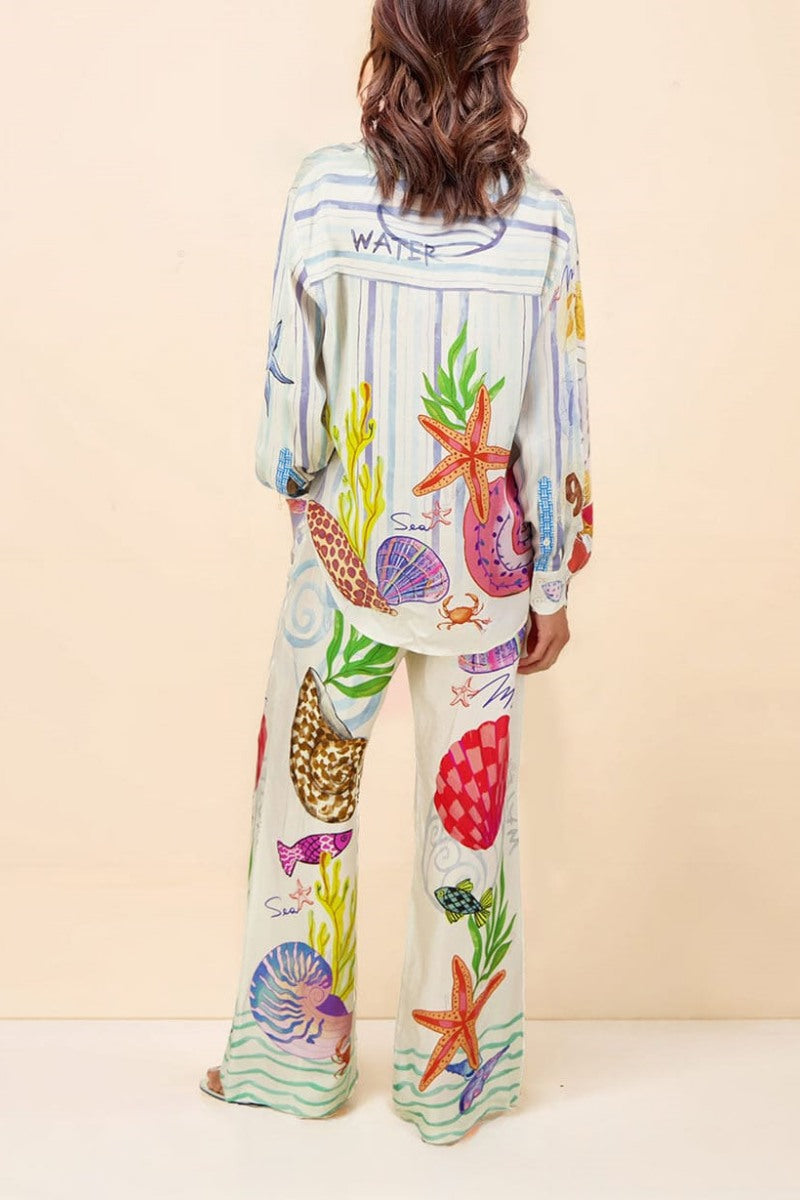 Ocean Theme Print Trousers-Set