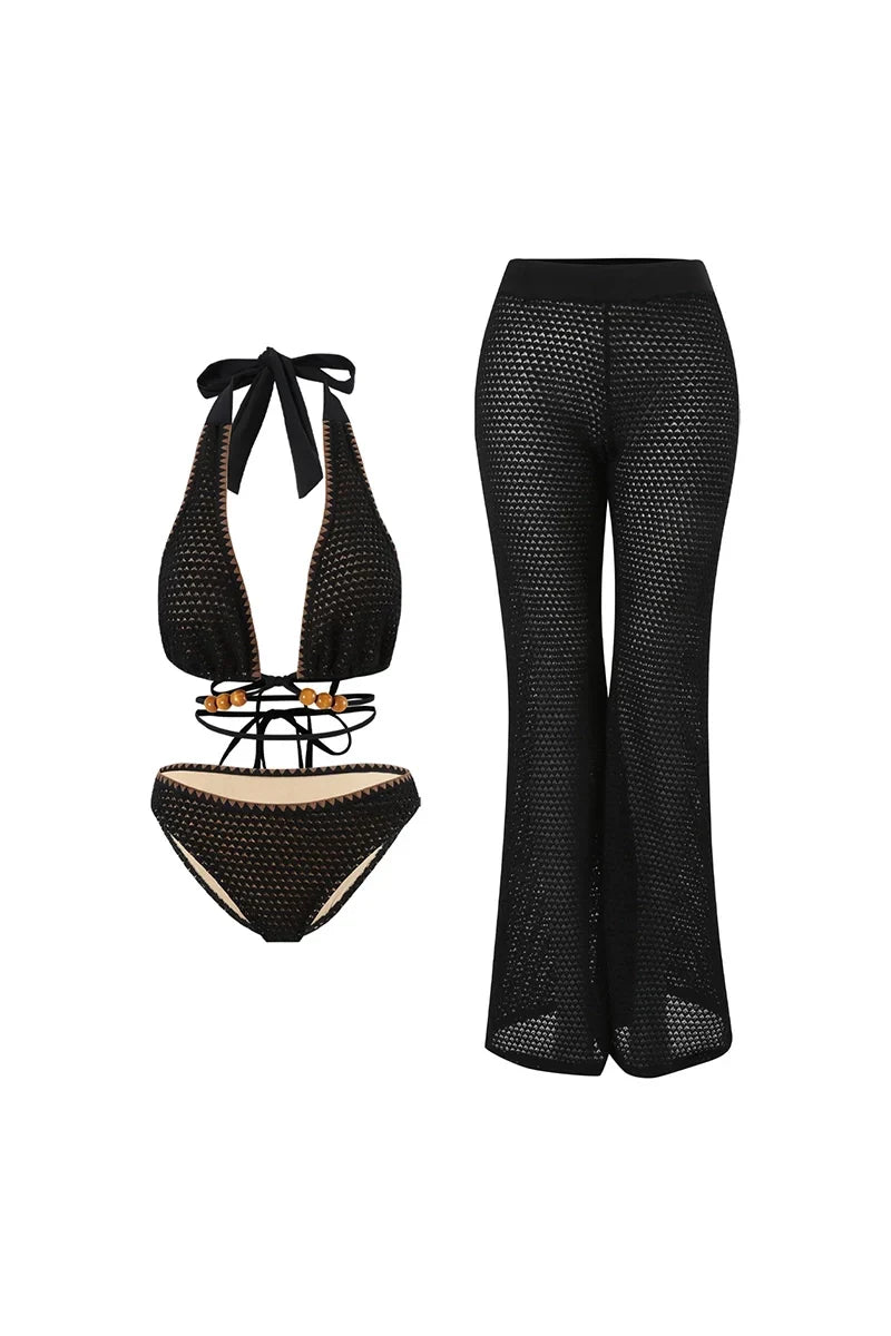 Beaded Knit Tie-String Black Two-Piece Bikini