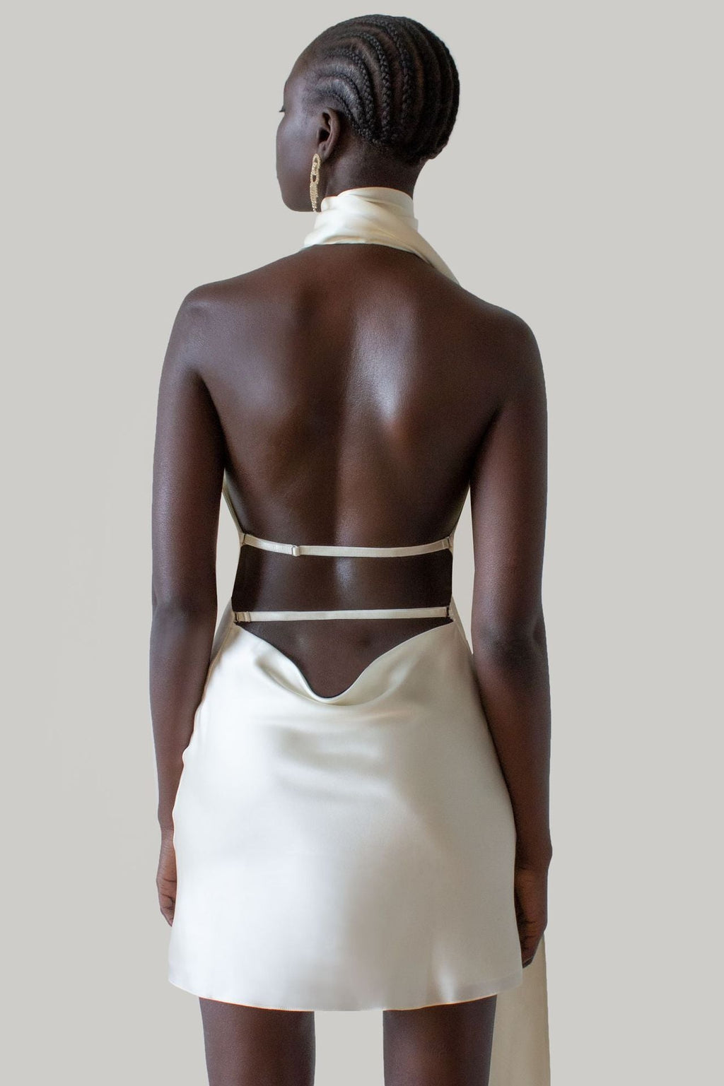 Open-Back Halter Satin Mini-Length Dress