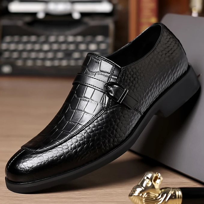 Polished Leather Monk Strap Shoes with Croc-Embossed Texture