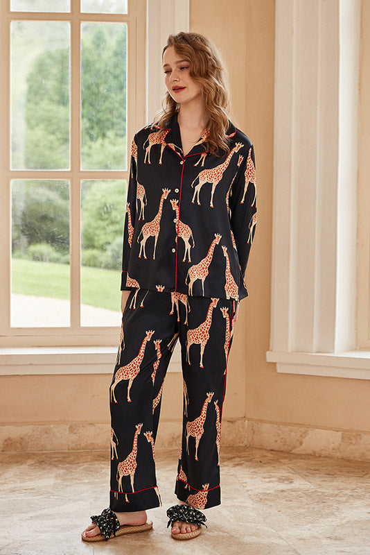 Coordinated Giraffe Long-Sleeve Ice Silk Loungewear Set - Black
