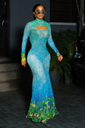 Underwater Print Mermaid Maxi-Length Dress