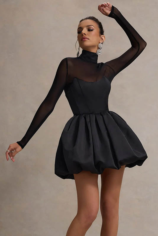 Winter Refined Mesh Sheer Slim Fit Puff Mini-Length Dress