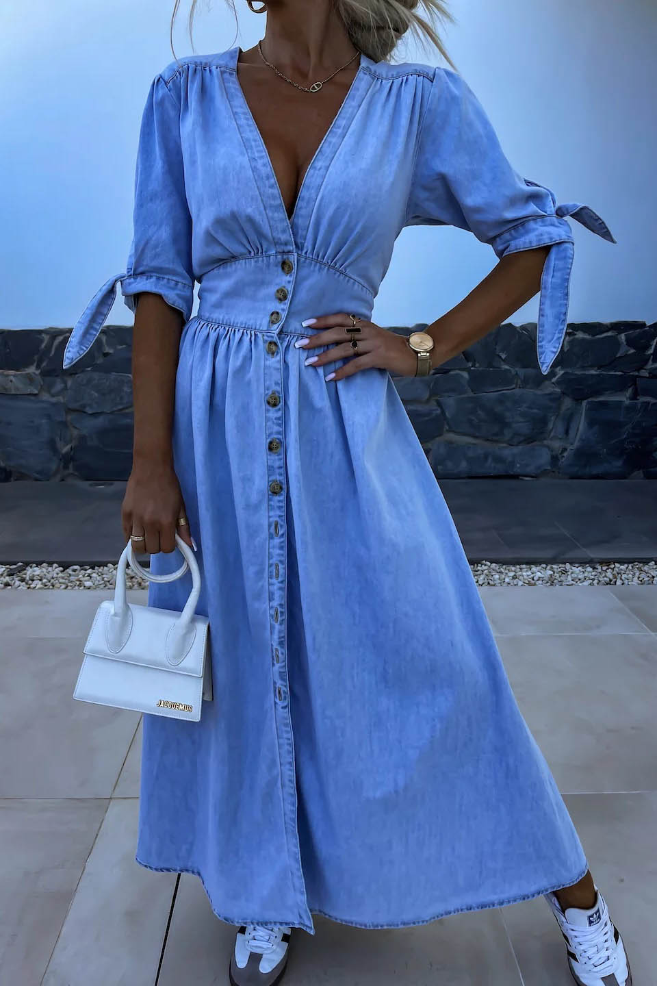 Clean-Lined V-Neck Buttoned Denim Gown