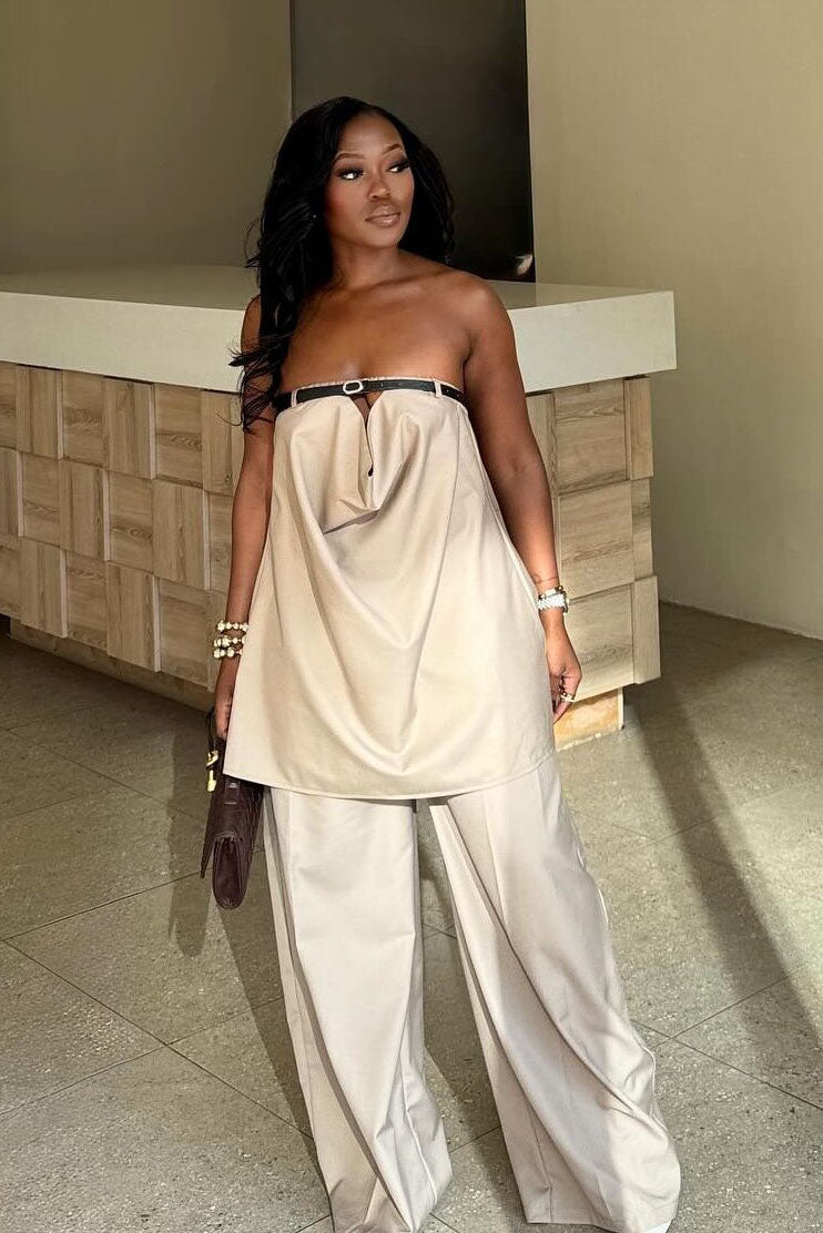 Coordinated Apricot Strapless Wide-Leg Set